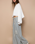Distressed Waist Strape Stripe Denim Wide Pants