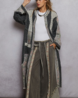 Long Sleeve Crochet Contrast Denim Maxi Length Open Cardigan