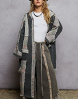 Long Sleeve Crochet Contrast Denim Maxi Length Open Cardigan