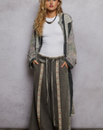 Long Sleeve Crochet Contrast Denim Maxi Length Open Cardigan