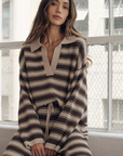 Striped Knit Split-Neck Collared Polo Sweater