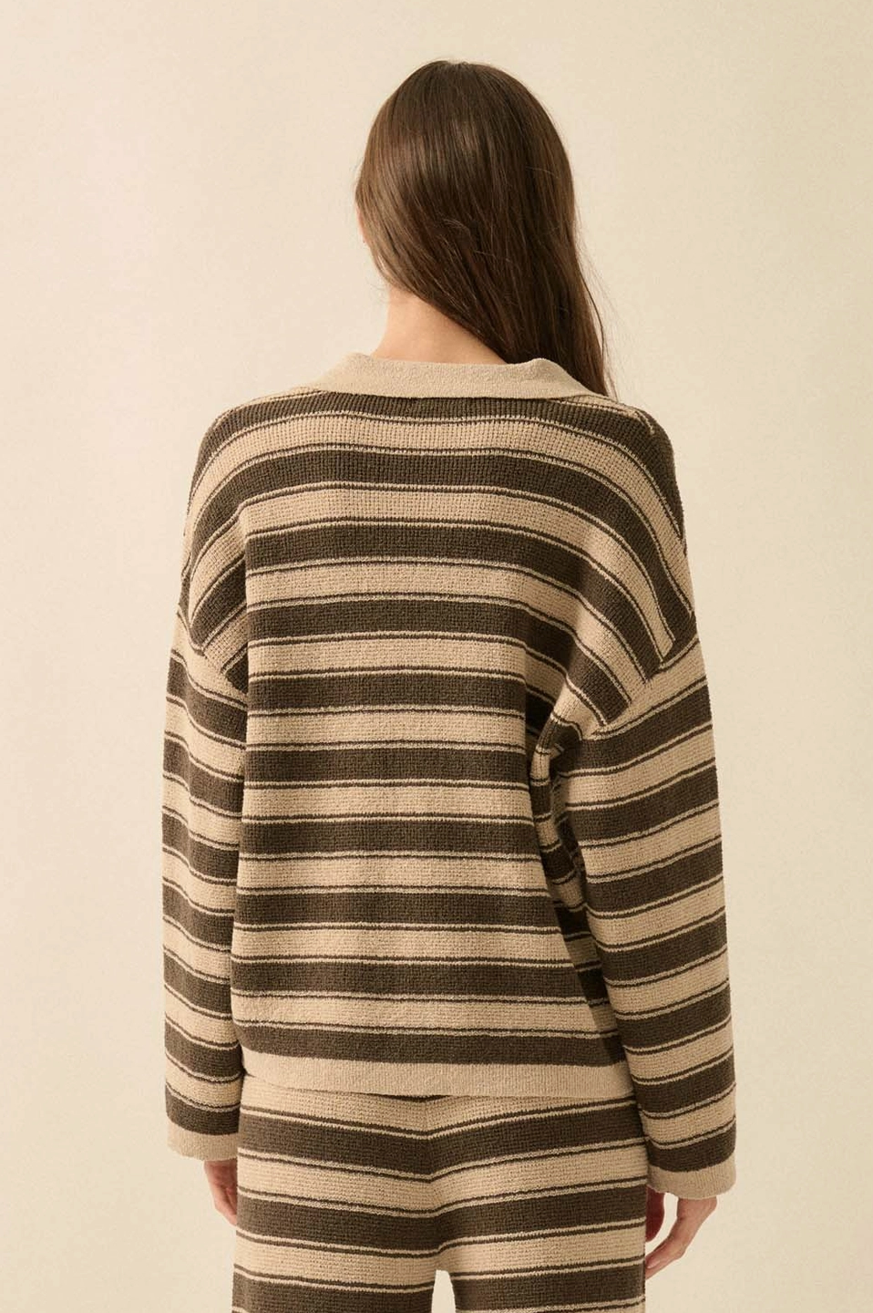 Striped Knit Split-Neck Collared Polo Sweater