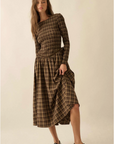 Plaid Long-Sleeve Smocked Drop-Waist Midi Dress