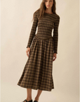 Plaid Long-Sleeve Smocked Drop-Waist Midi Dress