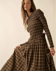 Plaid Long-Sleeve Smocked Drop-Waist Midi Dress