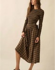 Plaid Long-Sleeve Smocked Drop-Waist Midi Dress