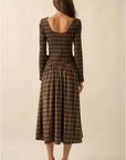 Plaid Long-Sleeve Smocked Drop-Waist Midi Dress