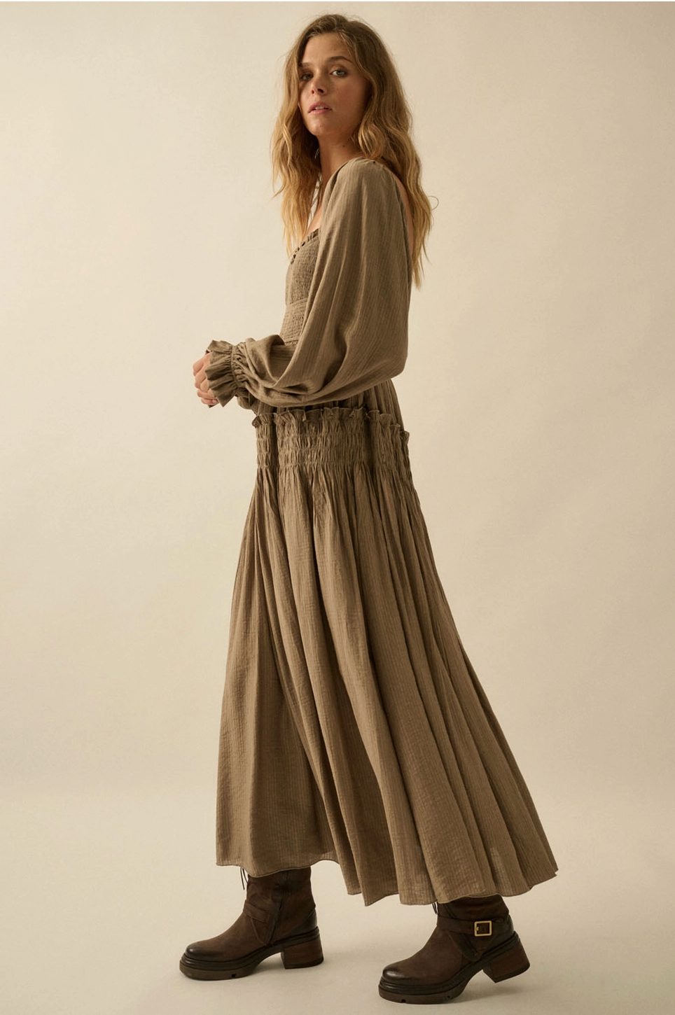 Textured Tonal-Stripe Smocked Maxi Peasant Dress