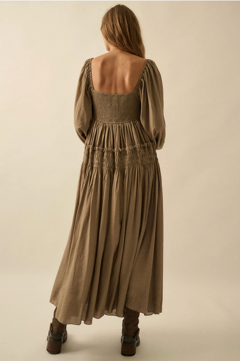 Textured Tonal-Stripe Smocked Maxi Peasant Dress