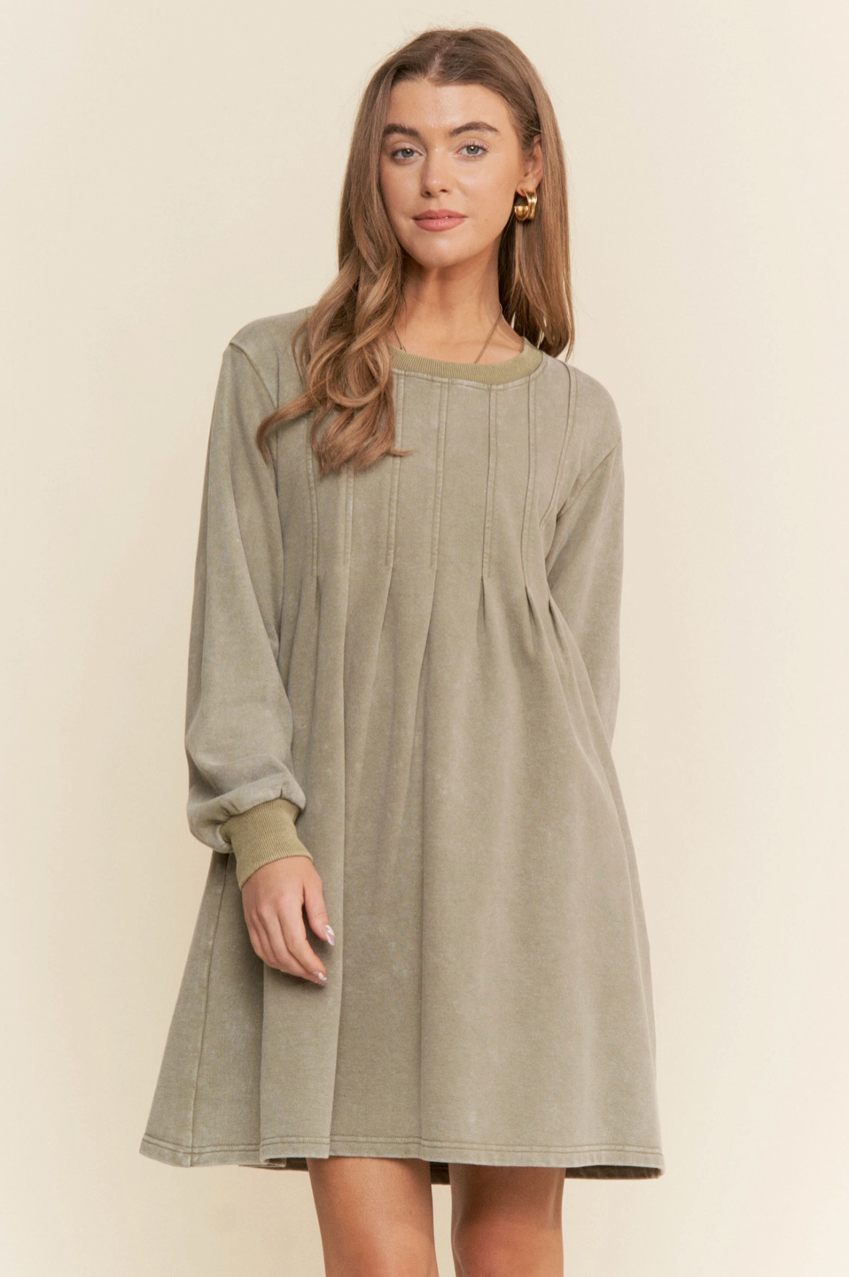 Pleated Long Sleeve Sweater Dress
