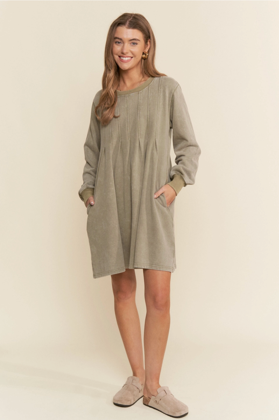 Pleated Long Sleeve Sweater Dress