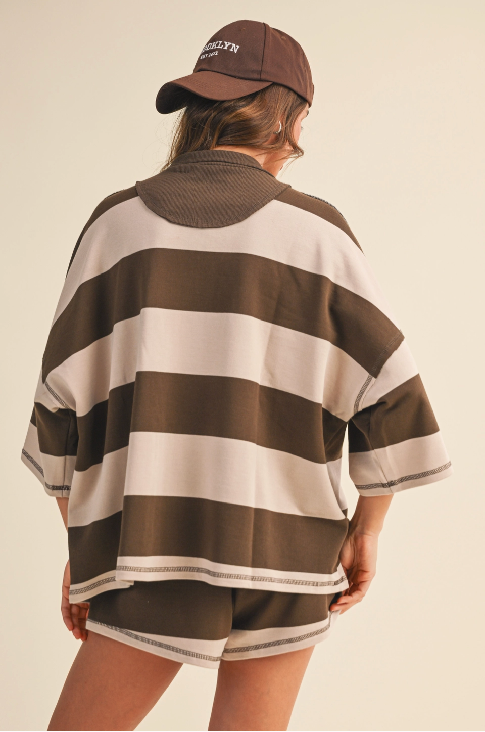 Striped Zip Up Oversized Top + Shorts Set