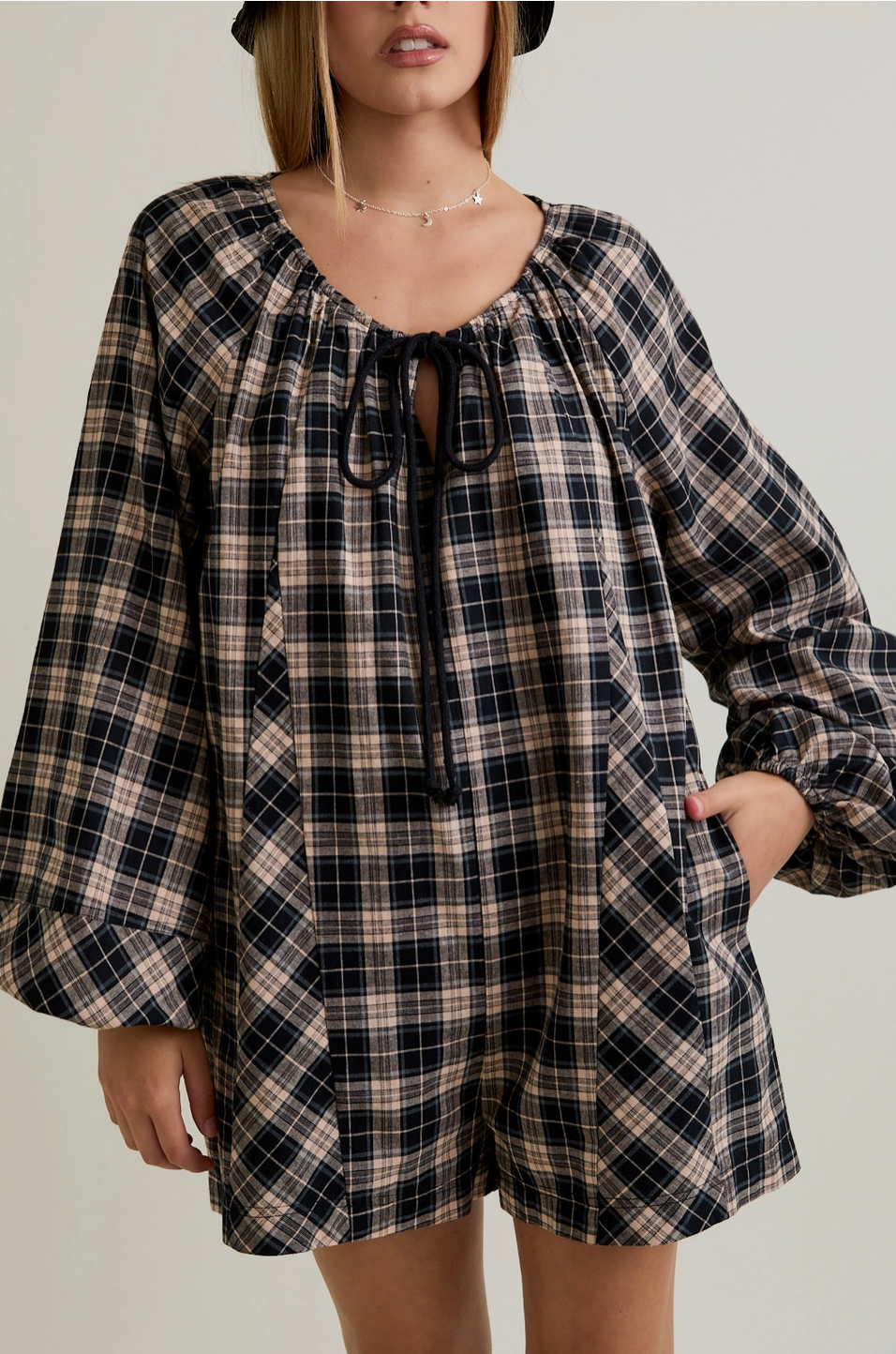 Round Neck Plaid Flannel Romper with Side Pocket