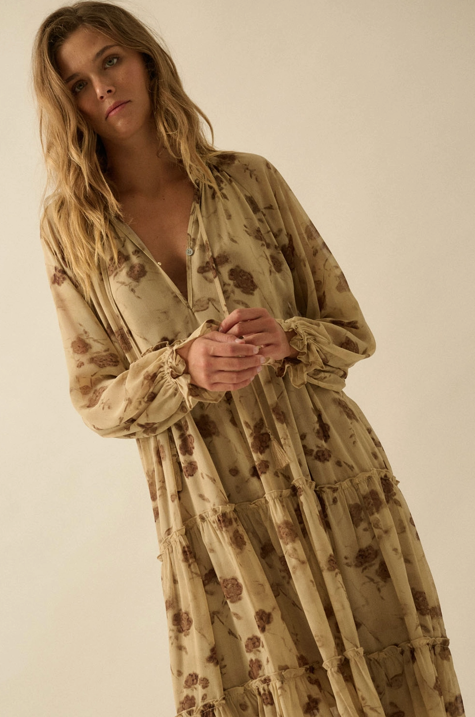Floral Chiffon Tiered Ruffle Midi Prairie Dress