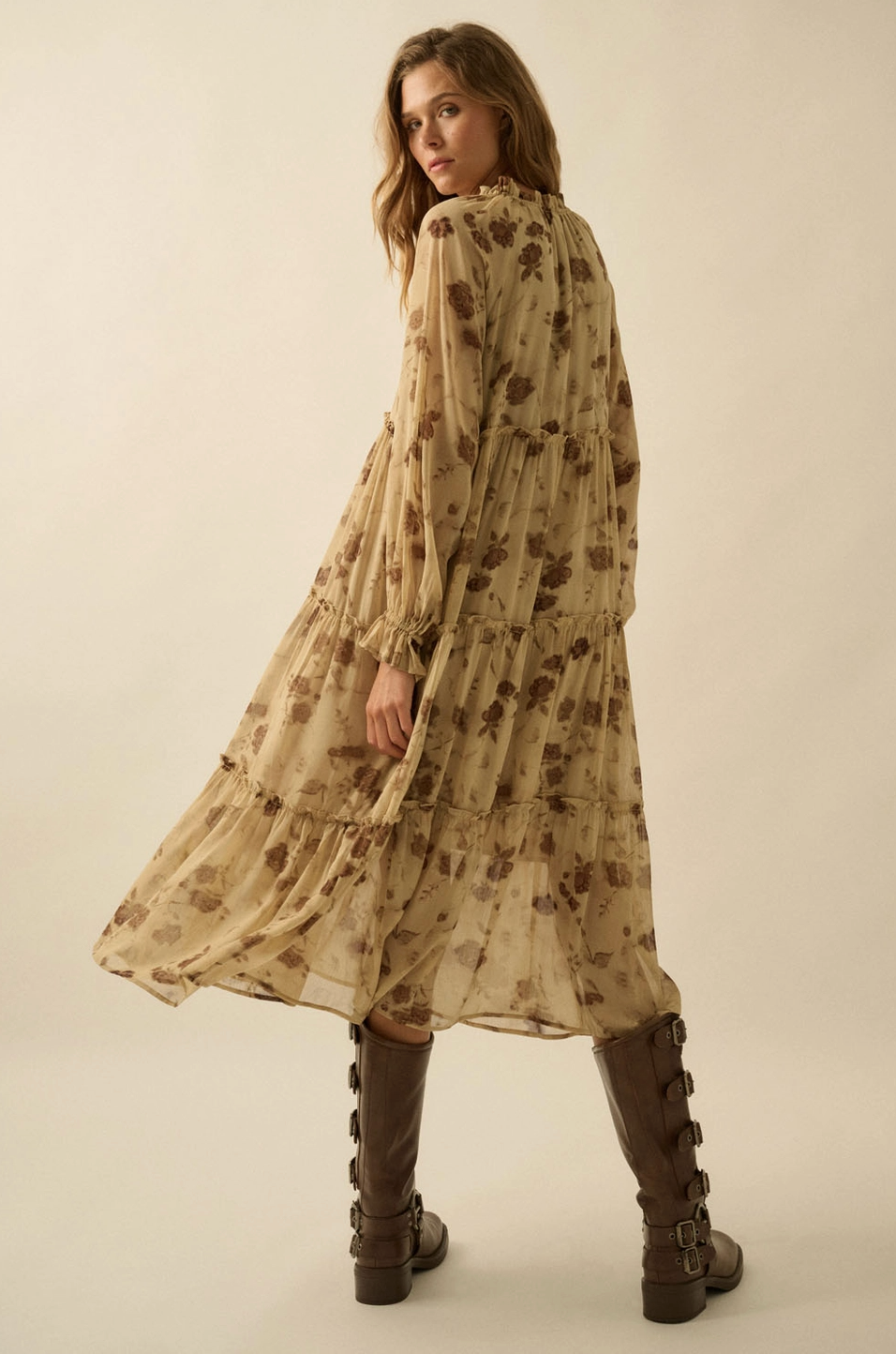 Floral Chiffon Tiered Ruffle Midi Prairie Dress