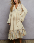Long Sleeve Double Gauze Crochet Spangle Trim Woven Dress