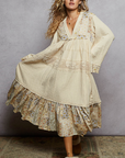 Long Sleeve Double Gauze Crochet Spangle Trim Woven Dress
