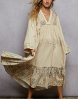 Long Sleeve Double Gauze Crochet Spangle Trim Woven Dress