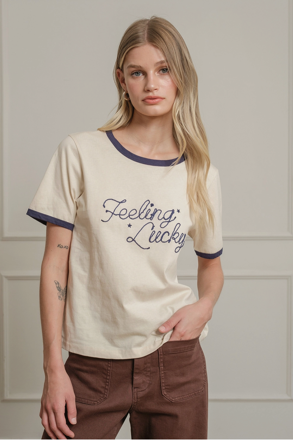 Feeling Lucky Embroidered Ringer Tee