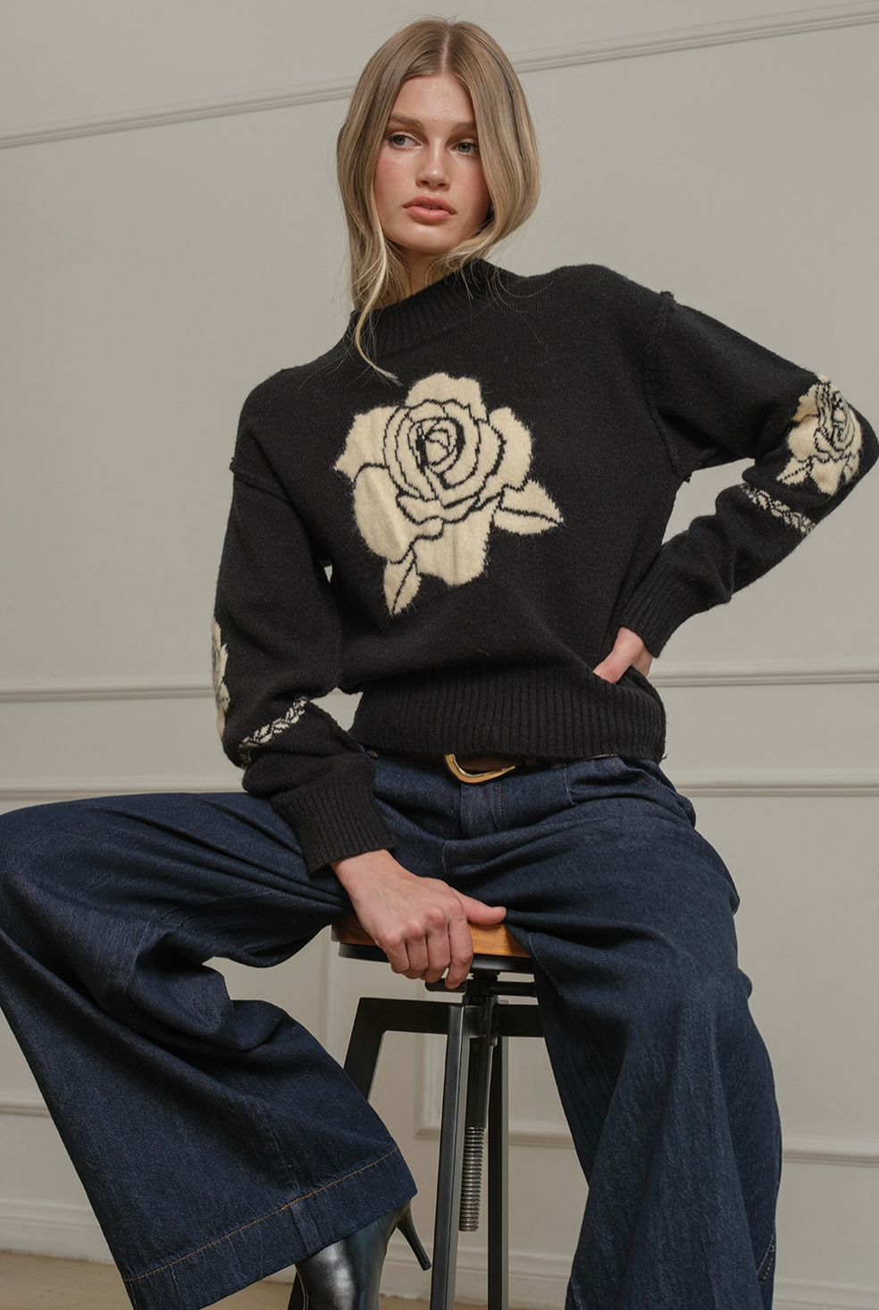 Rose Jacquard Knit Sweater
