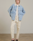 Contrast Collar Light Wash Denim Jacket