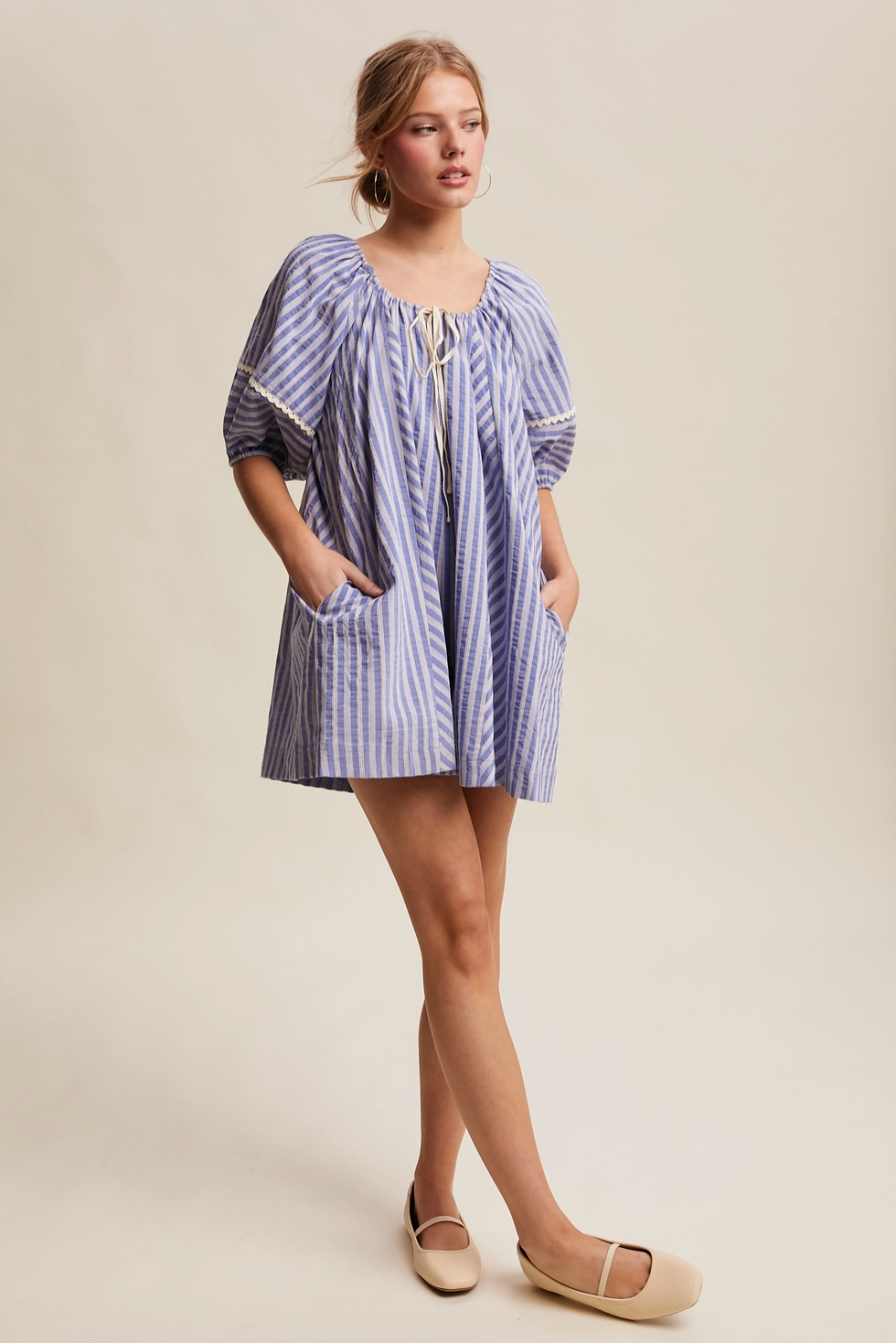 PRE ORDER - Lana Blue Striped Puff Sleeve Romper