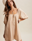 Pre Order Sara Taupe Striped Puff Sleeve Romper