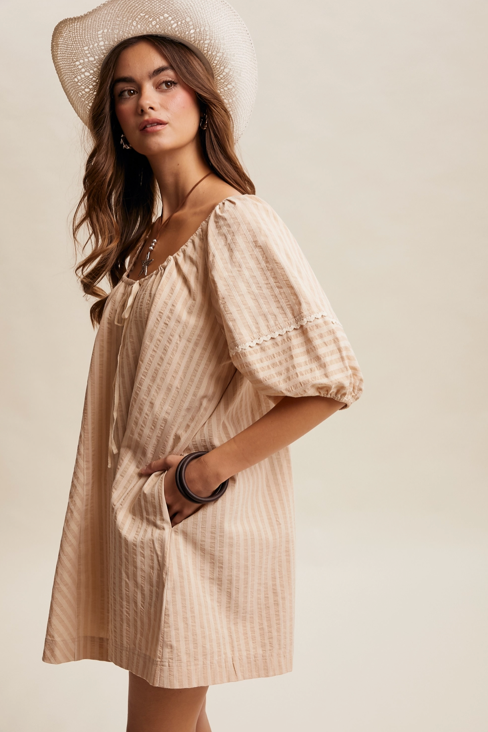 Pre Order Sara Taupe Striped Puff Sleeve Romper