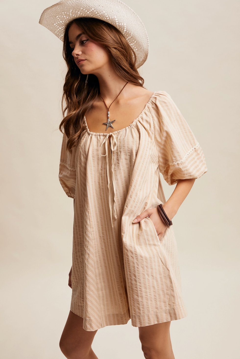 Pre Order Sara Taupe Striped Puff Sleeve Romper