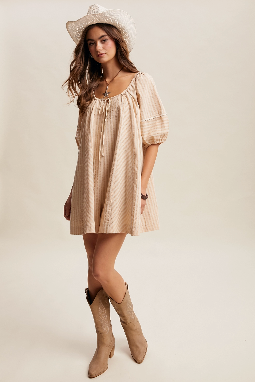 Pre Order Sara Taupe Striped Puff Sleeve Romper