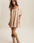 Pre Order Sara Taupe Striped Puff Sleeve Romper