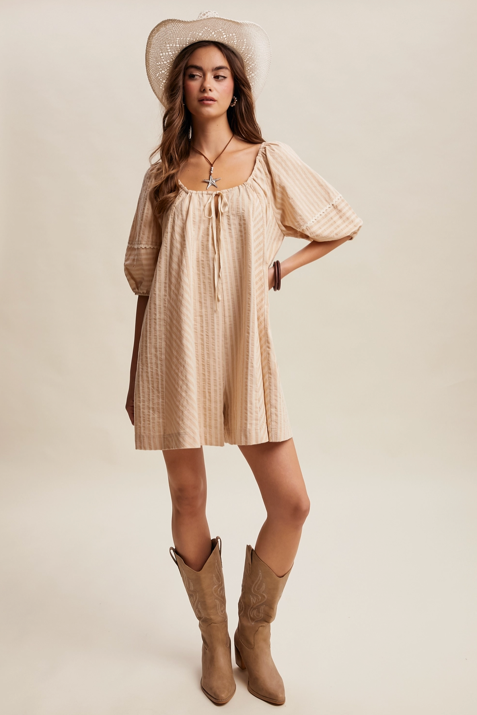 Pre Order Sara Taupe Striped Puff Sleeve Romper