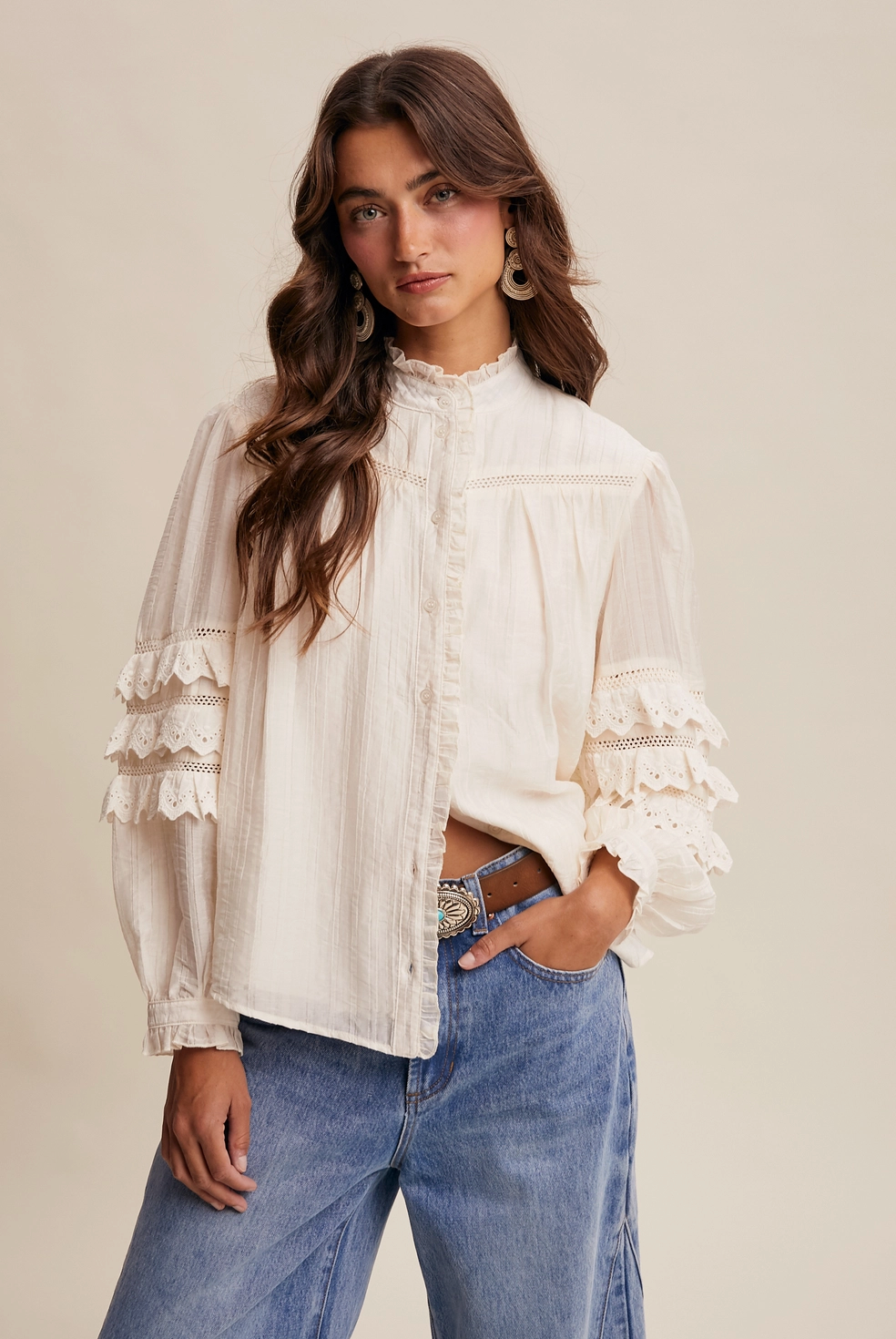 Lace Ruffle Sleeve Pintuck Blouse