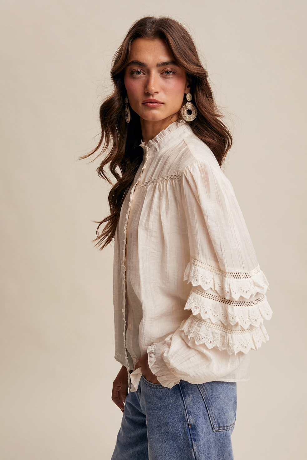 Lace Ruffle Sleeve Pintuck Blouse