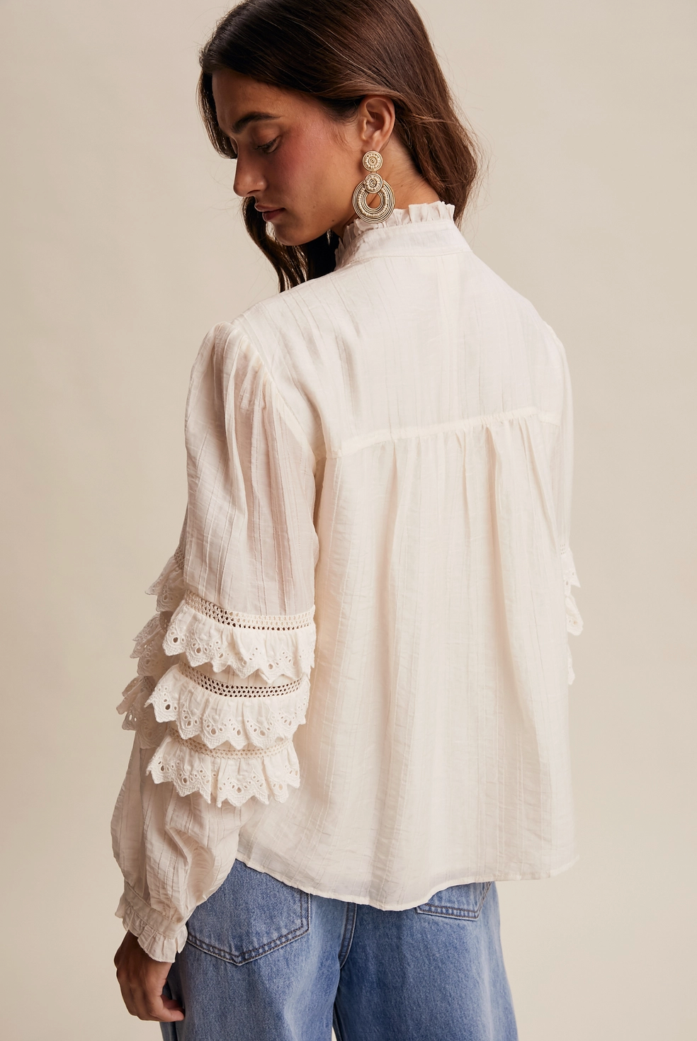 Lace Ruffle Sleeve Pintuck Blouse