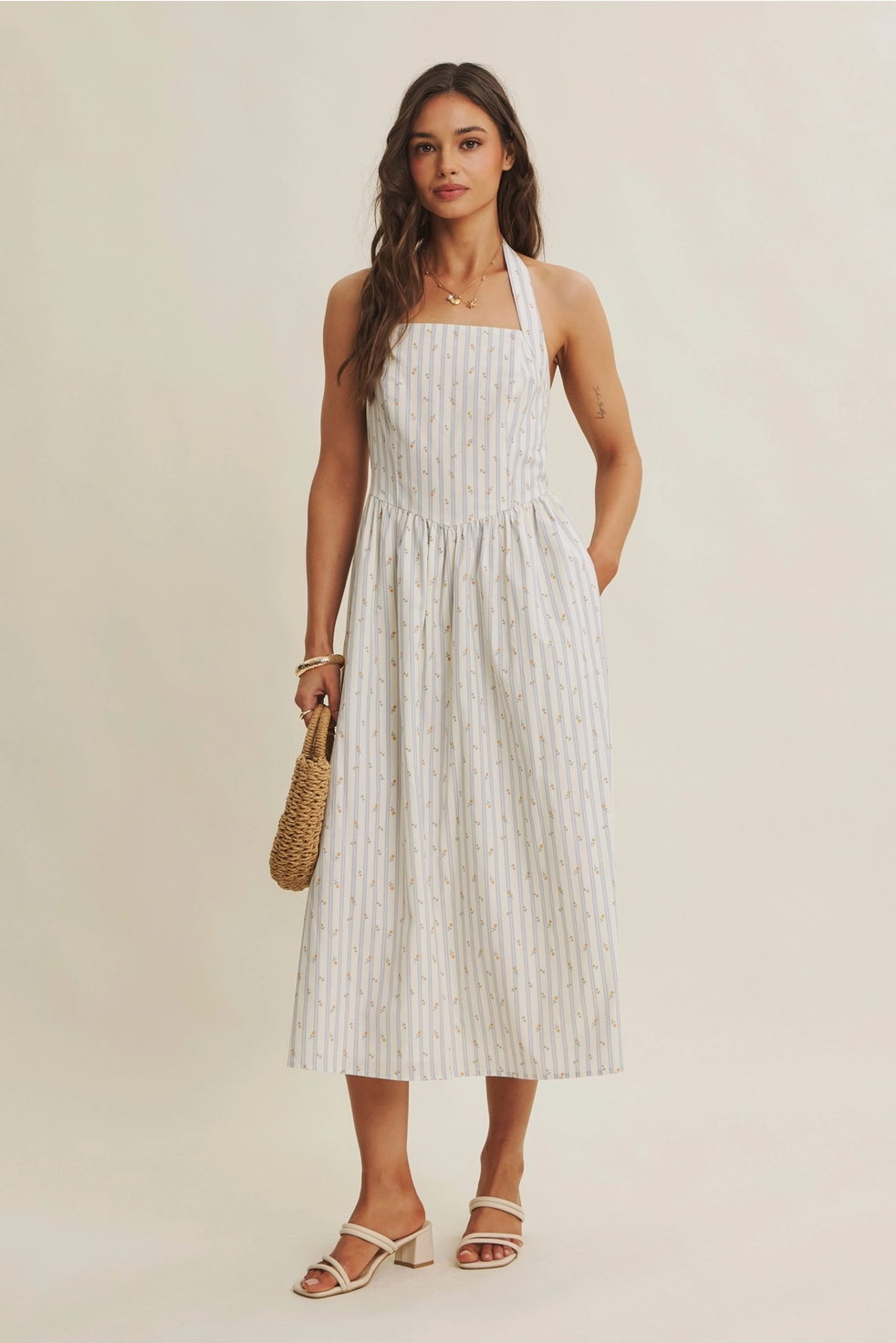 Modern Summer Heritage Basque Waist Halter Neck Stripe Midi