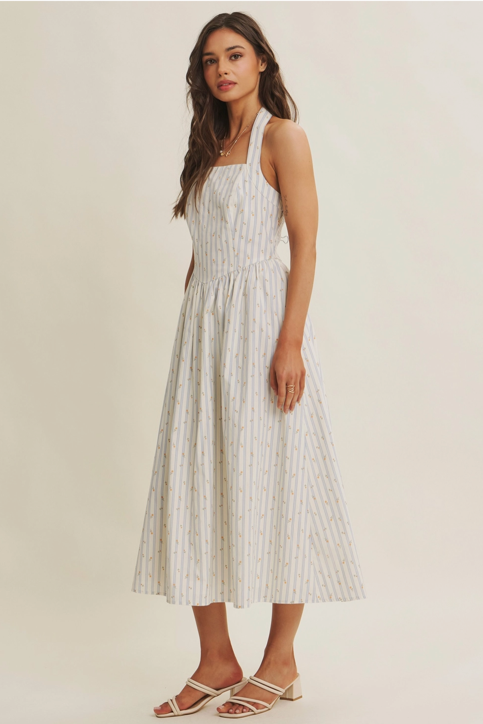 Modern Summer Heritage Basque Waist Halter Neck Stripe Midi