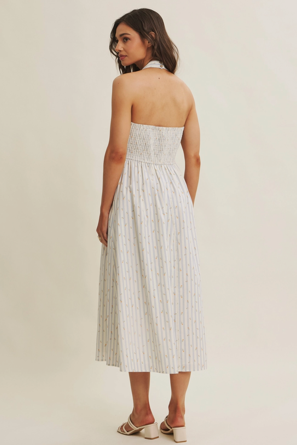 Modern Summer Heritage Basque Waist Halter Neck Stripe Midi