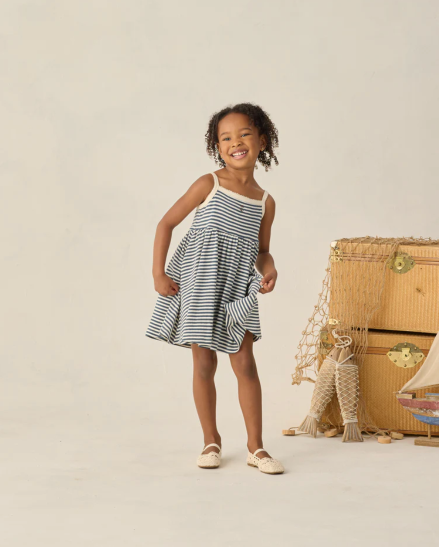Lea Dress Navy Stripe, Rylee + Cru