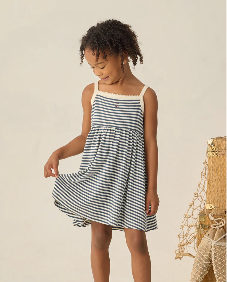 Lea Dress Navy Stripe, Rylee + Cru