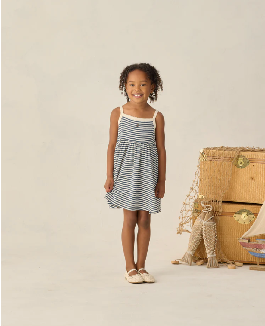 Lea Dress Navy Stripe, Rylee + Cru