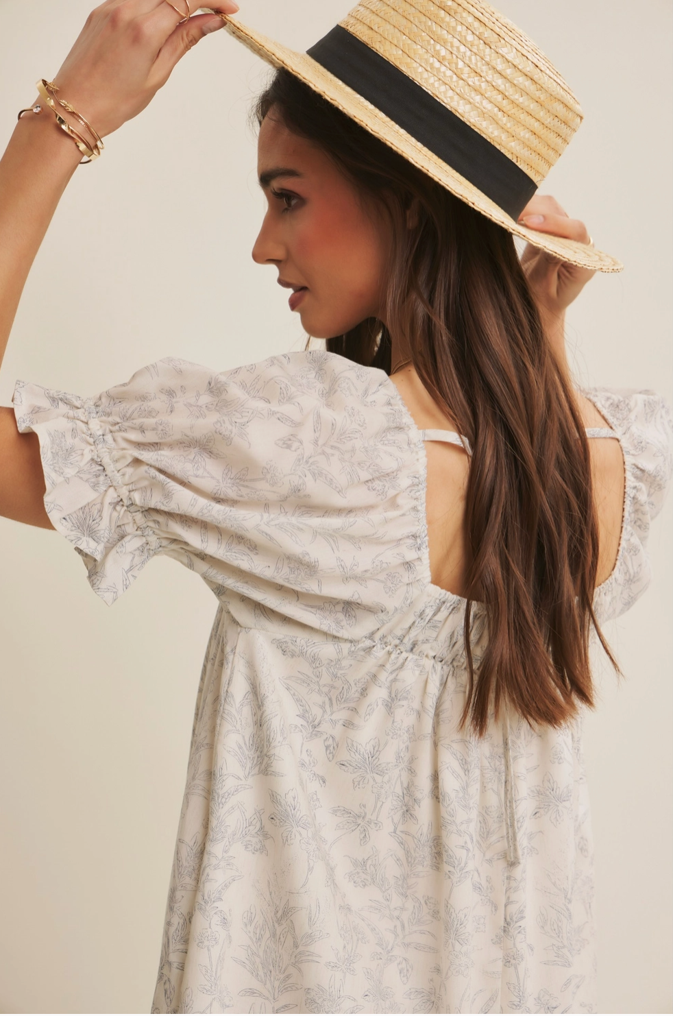 Botanical Pintuck Ruffled Mini Dress