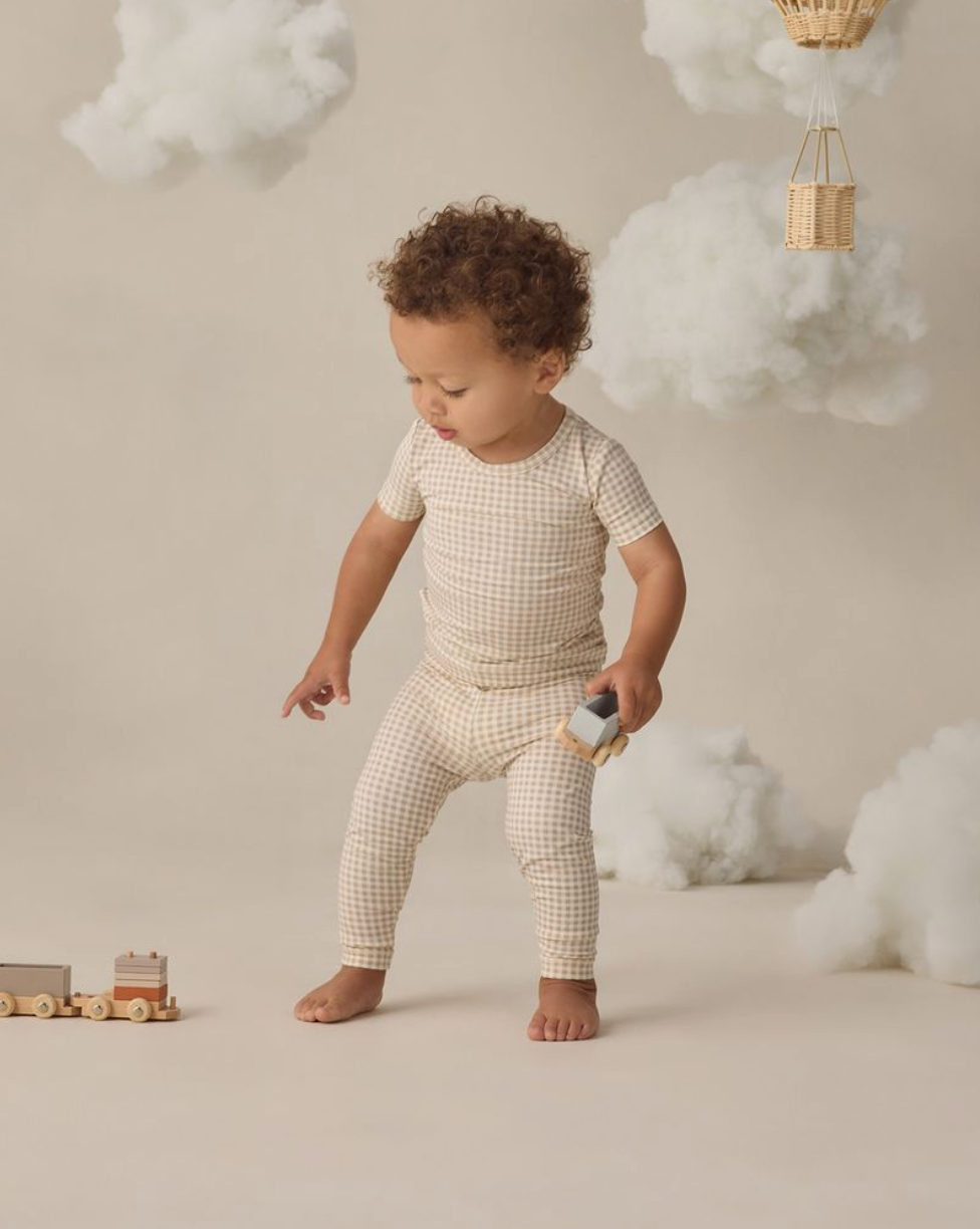 Bamboo Short Sleeve Pajama Set || Oat Gingham, Quincy Mae