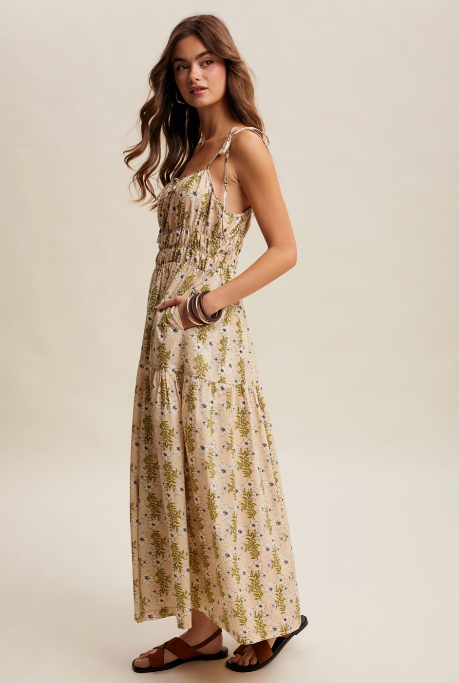 Floral Tie-Strap Smocked Maxi Dress
