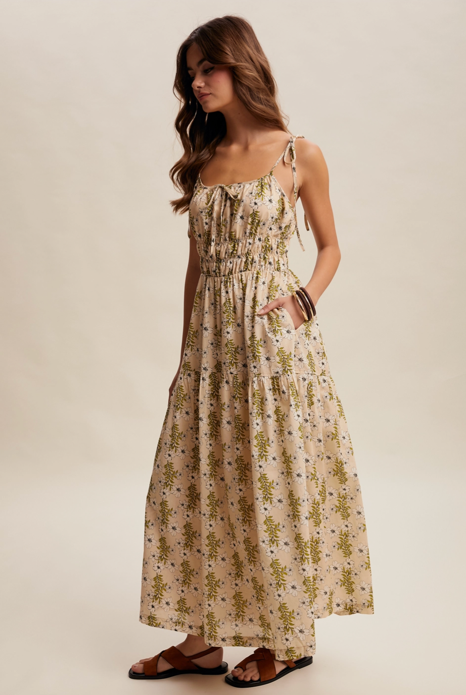 Floral Tie-Strap Smocked Maxi Dress