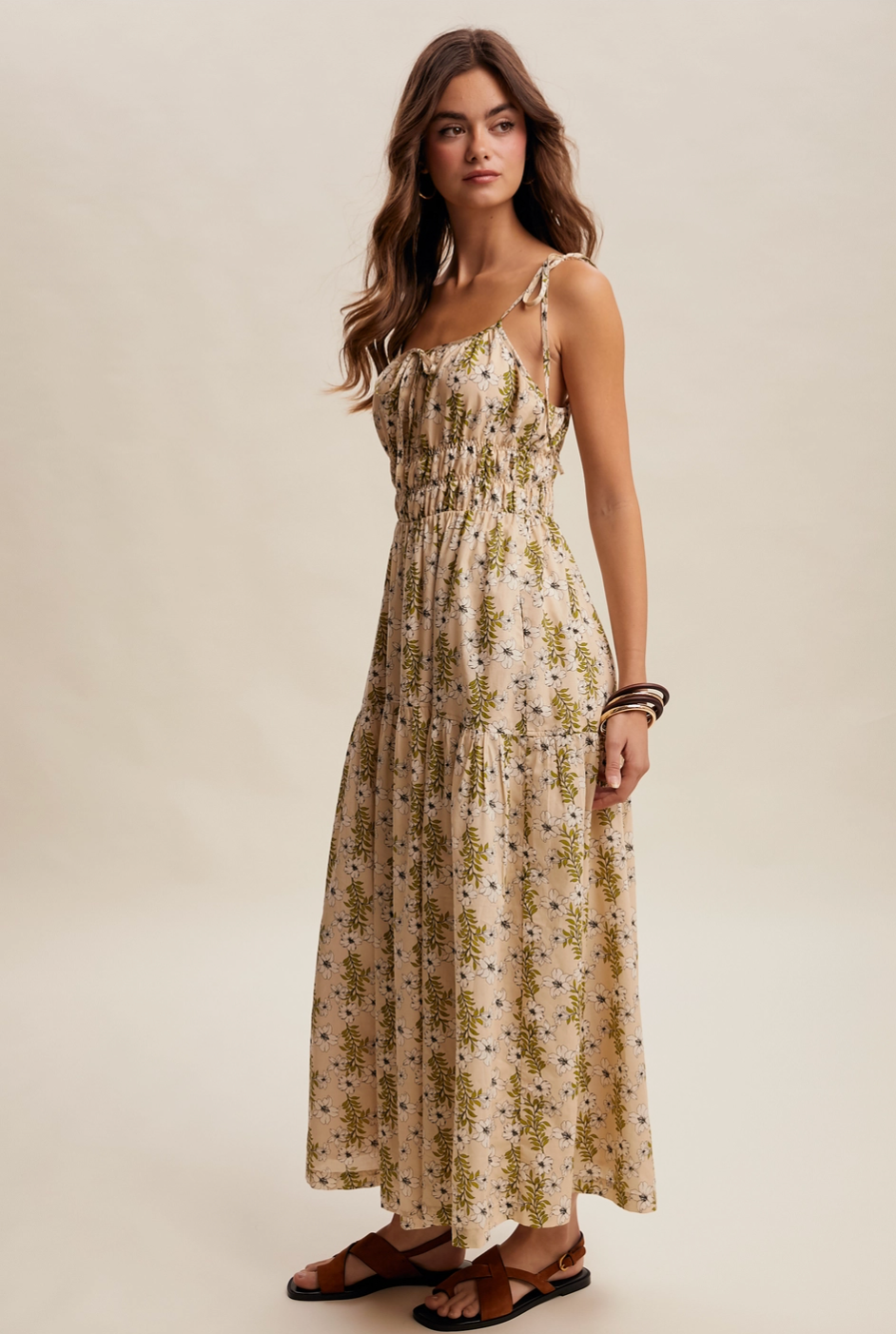 Floral Tie-Strap Smocked Maxi Dress