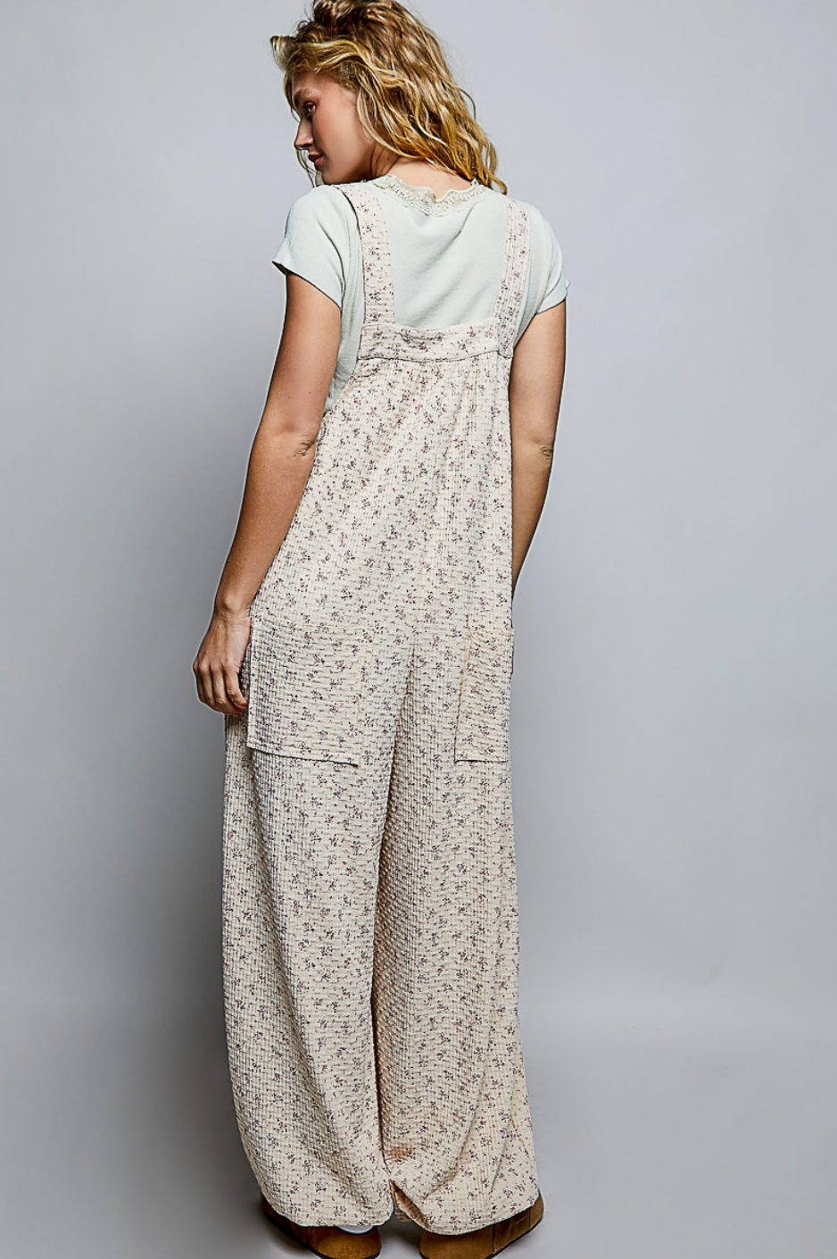 Vintage Floral Knit Contrast Pocket Jogger Overalls