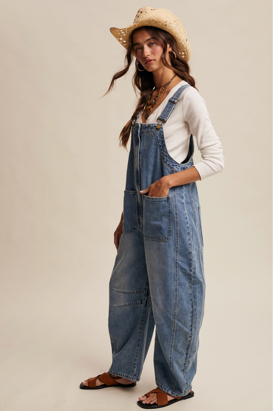 Western Wide-Leg Denim Overalls