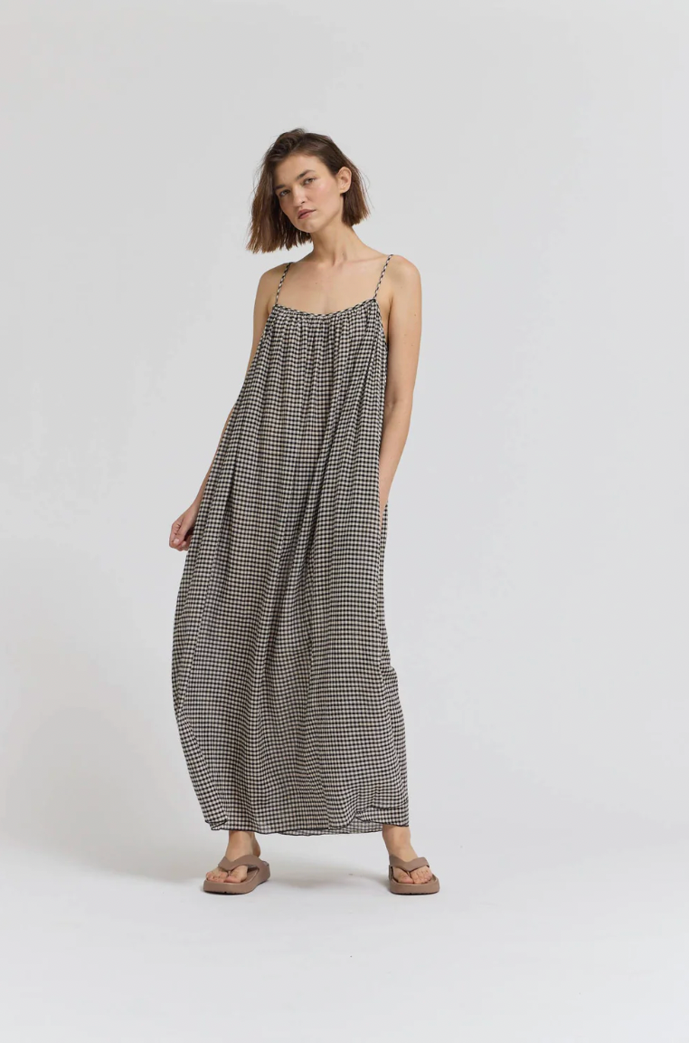 GINGHAM VISCOSE SPAGHETTI DRESS in Chai