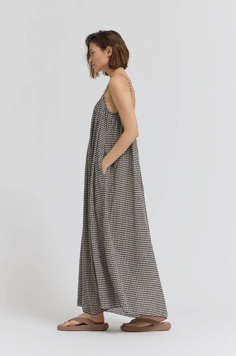 GINGHAM VISCOSE SPAGHETTI DRESS in Chai